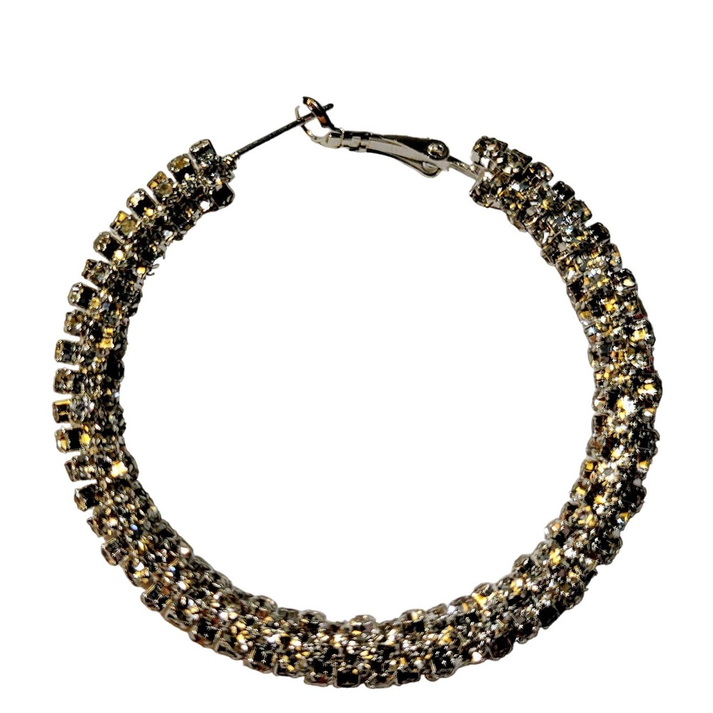 Rhinestone Hoop Earrings Silver Plated